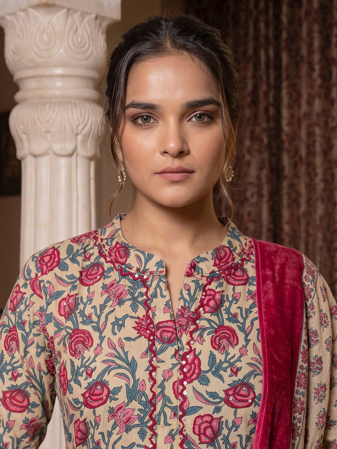Beige Printed Cotton Blend Kurta With Pant &amp; Dupatta