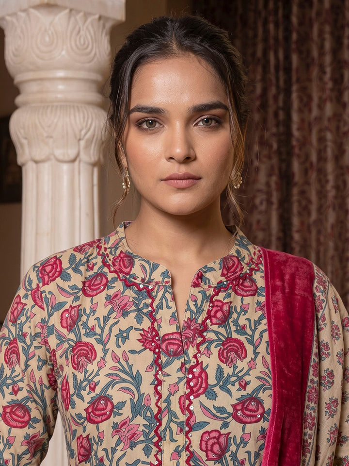 Beige Printed Cotton Blend Kurta With Pant &amp; Dupatta