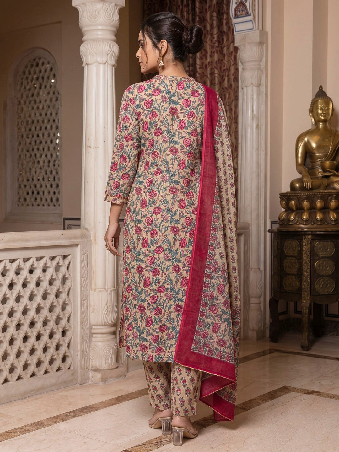 Beige Printed Cotton Blend Kurta With Pant &amp; Dupatta