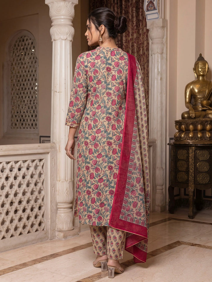Beige Printed Cotton Blend Kurta With Pant &amp; Dupatta