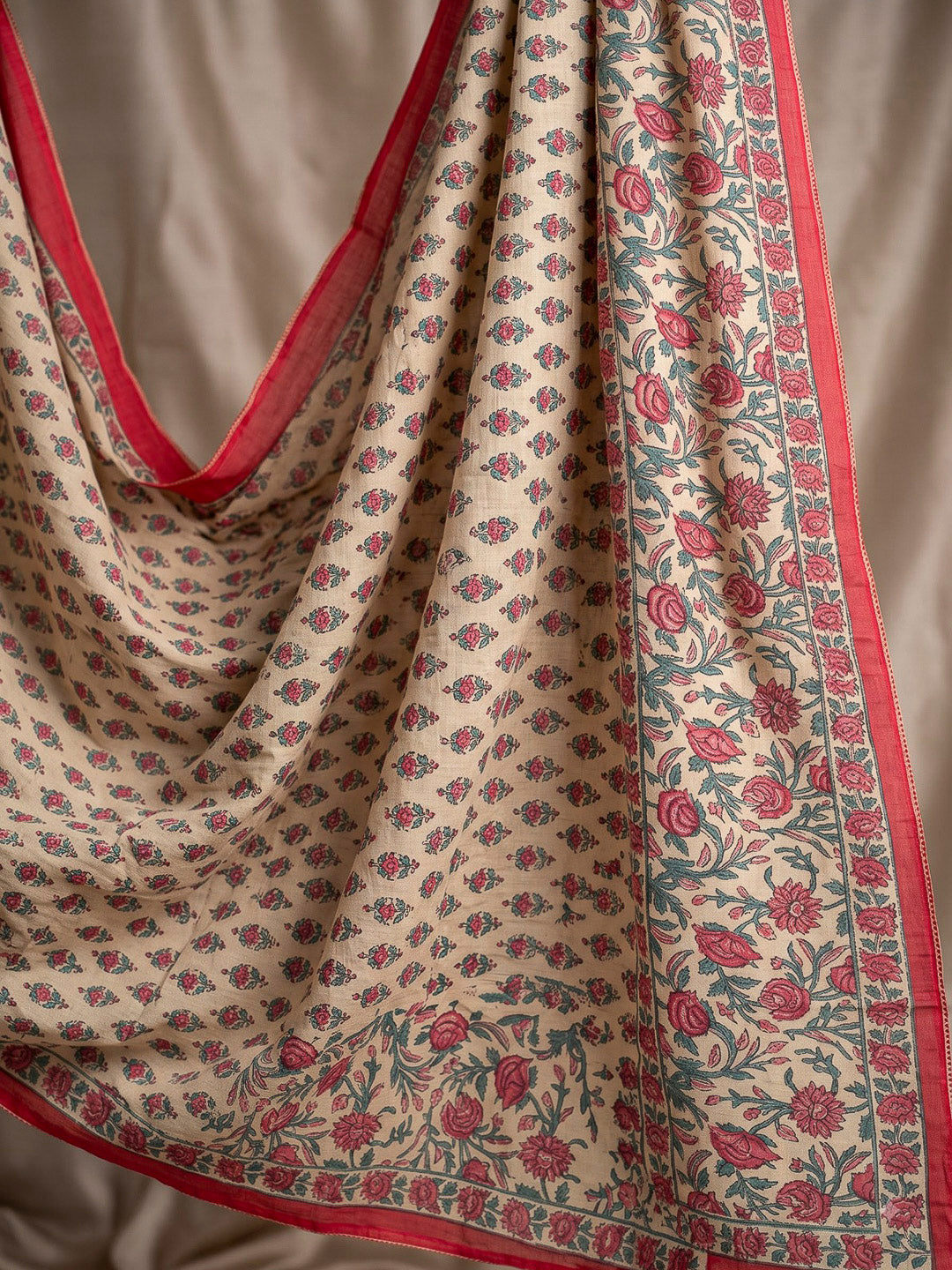 Beige Printed Cotton Blend Kurta With Pant &amp; Dupatta
