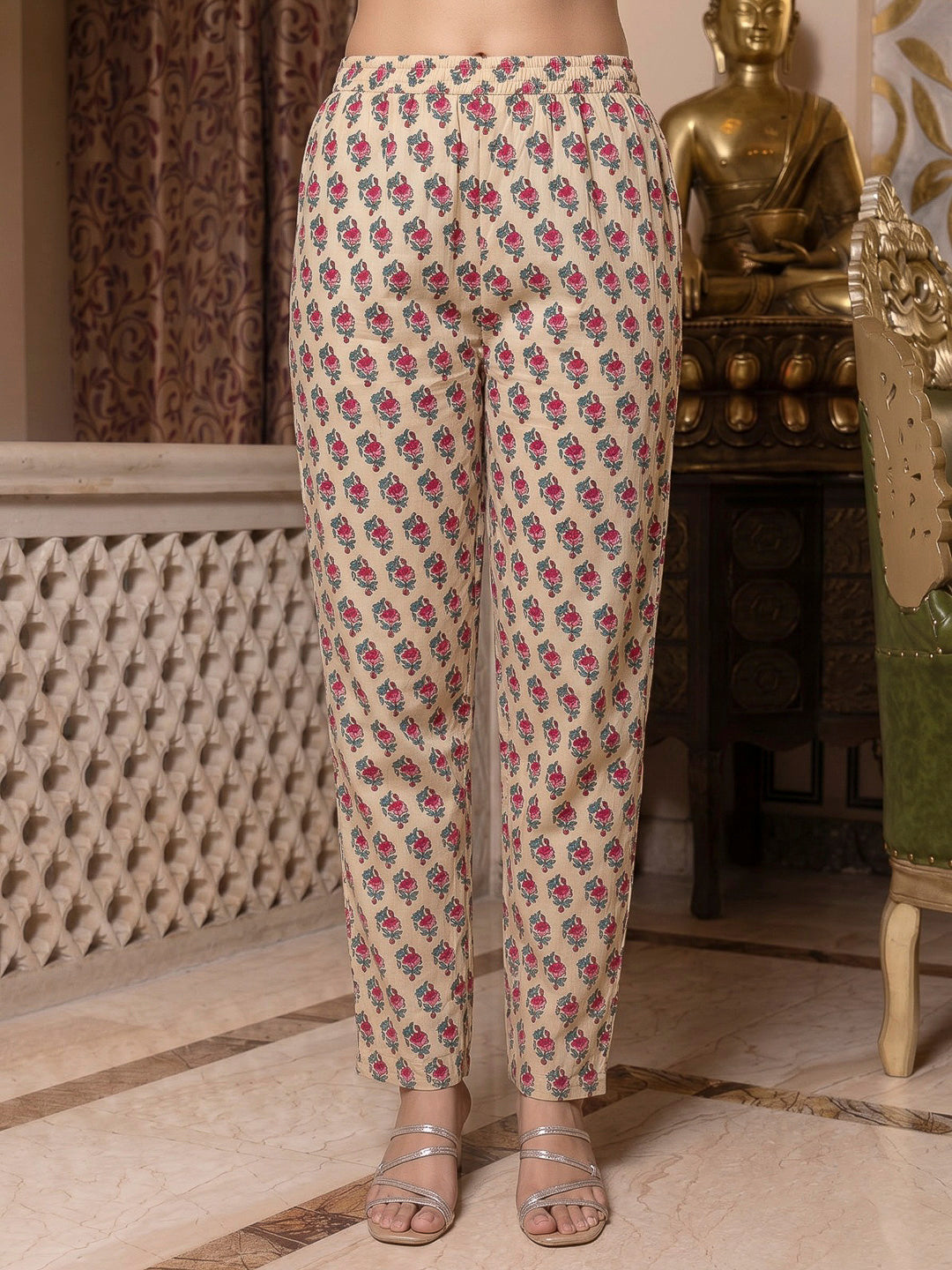 Beige Printed Cotton Blend Kurta With Pant &amp; Dupatta