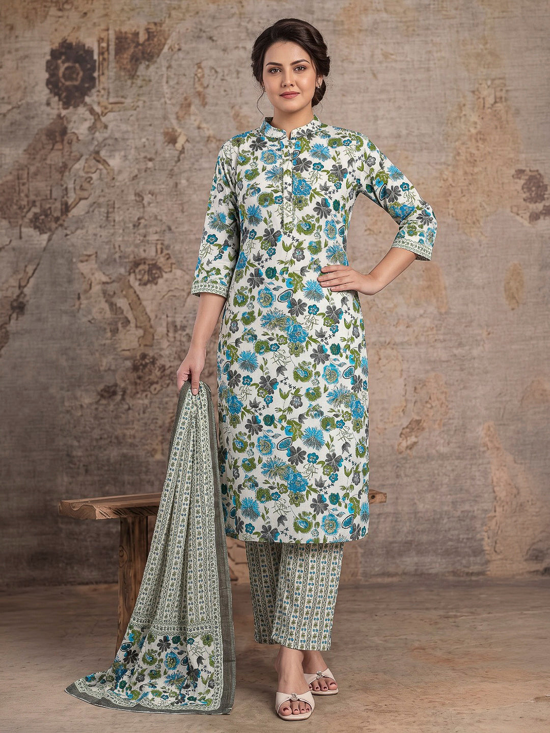 Blue Printed Cotton Blend Kurta With Pant &amp; Dupatta