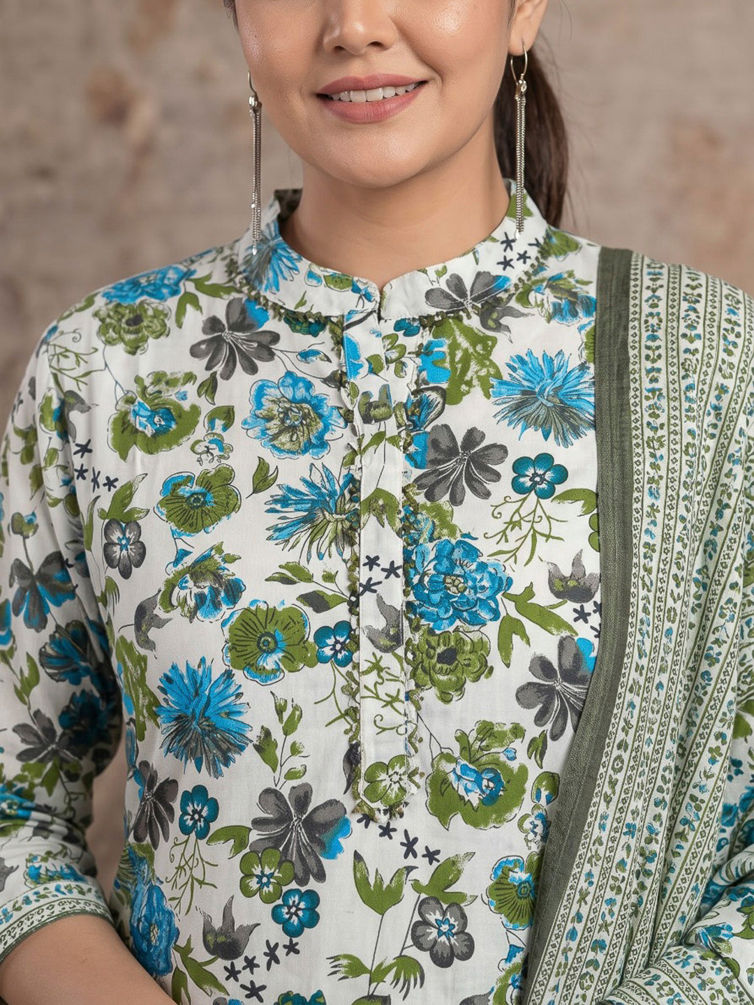 Blue Printed Cotton Blend Kurta With Pant &amp; Dupatta