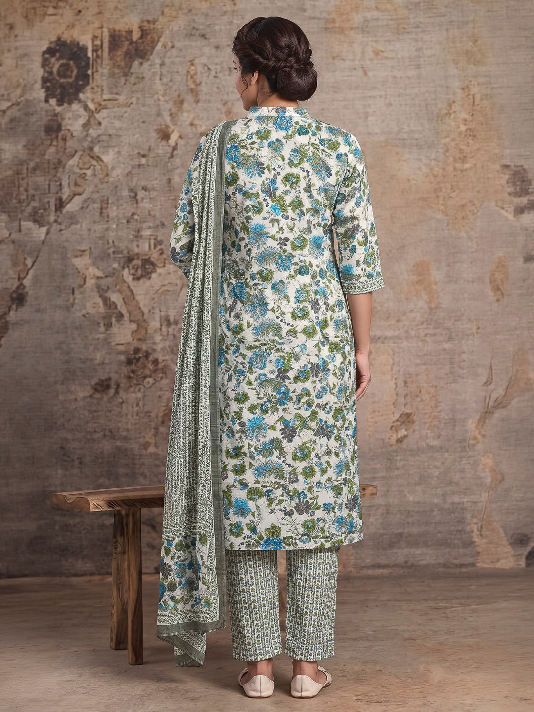 Blue Printed Cotton Blend Kurta With Pant &amp; Dupatta