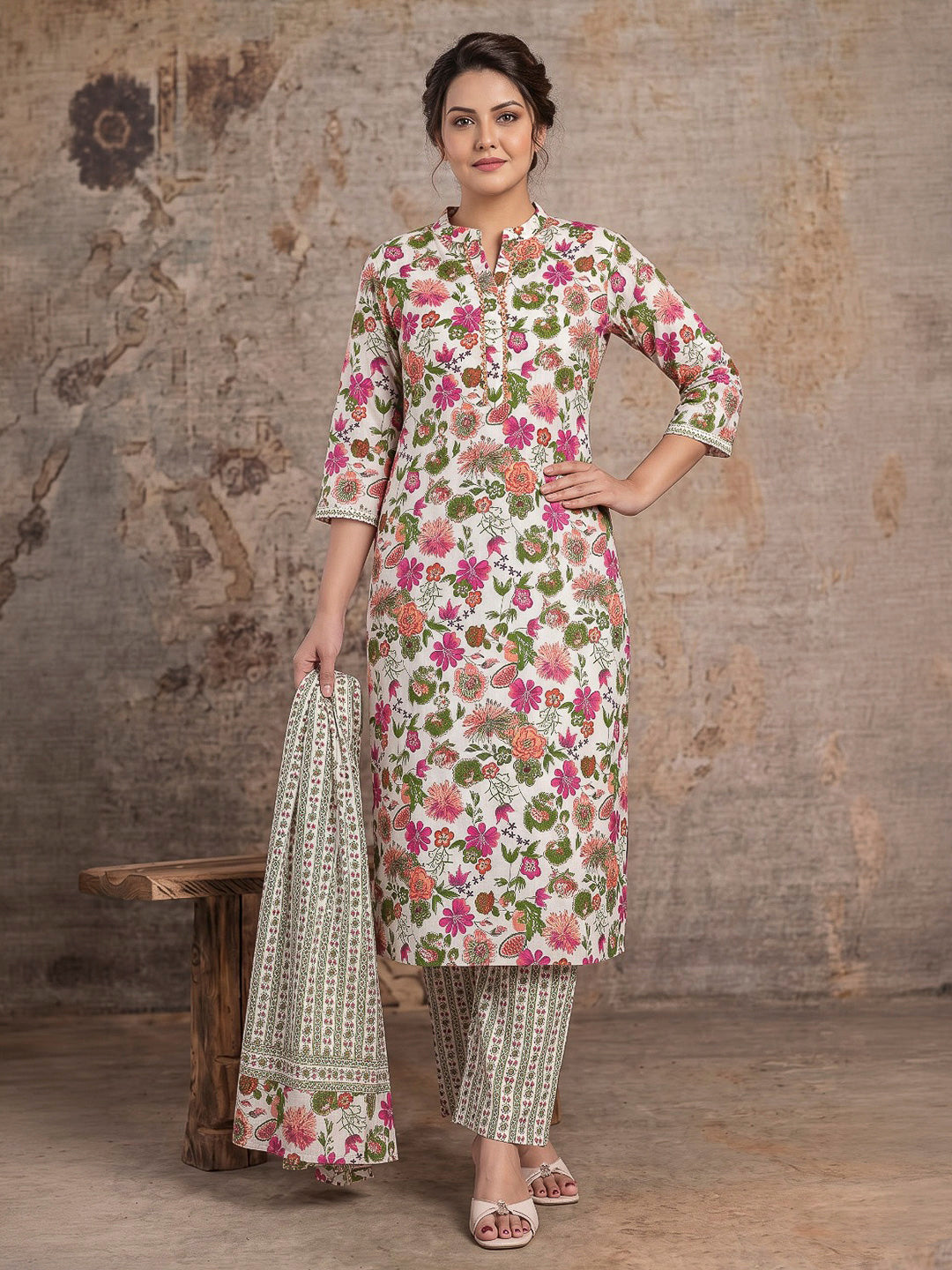 Pink Printed Cotton Blend Kurta With Pant &amp; Dupatta