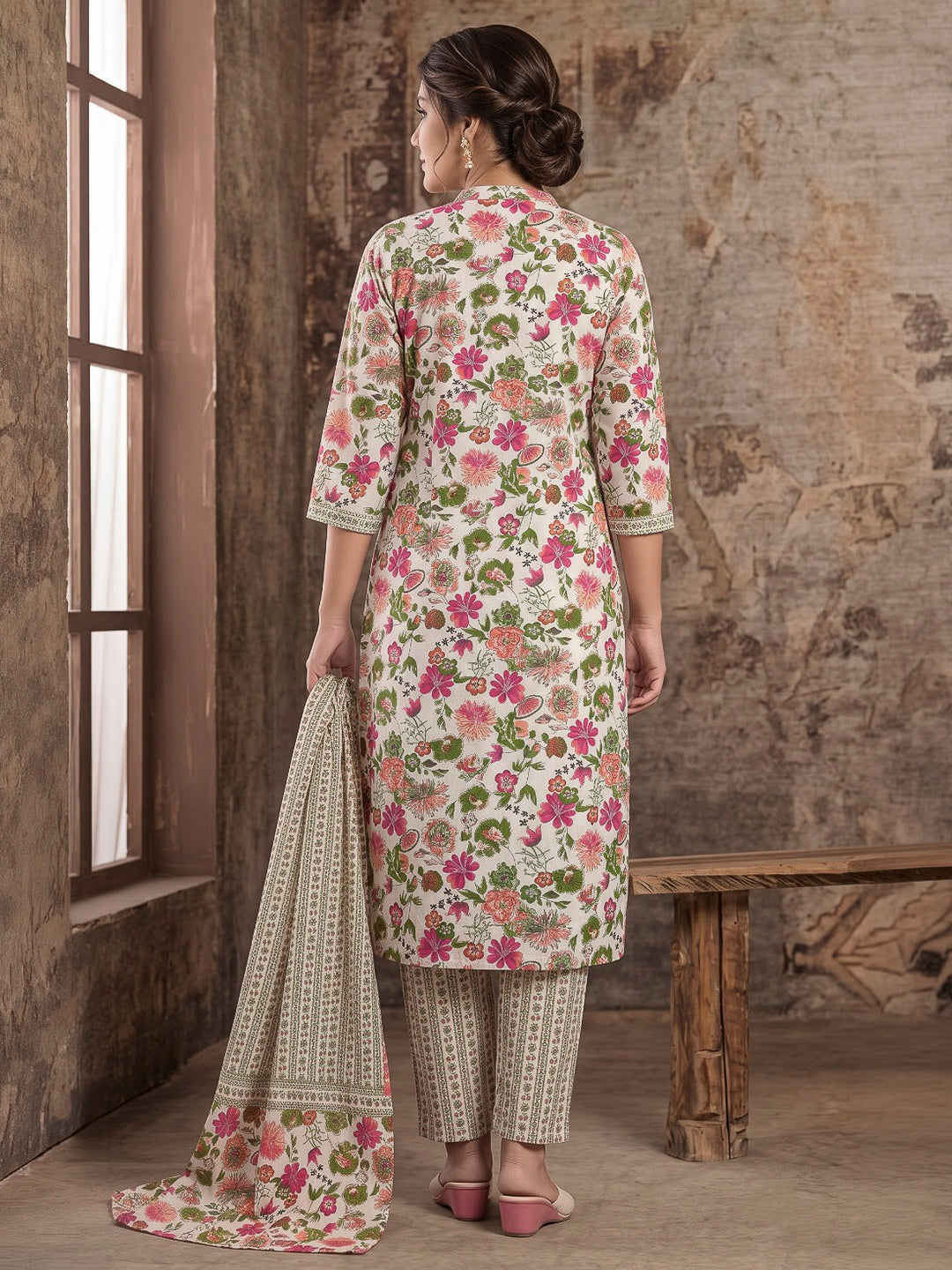 Pink Printed Cotton Blend Kurta With Pant &amp; Dupatta