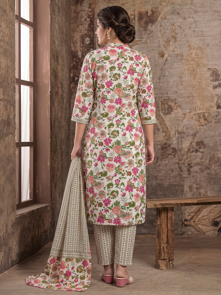 Pink Printed Cotton Blend Kurta With Pant &amp; Dupatta
