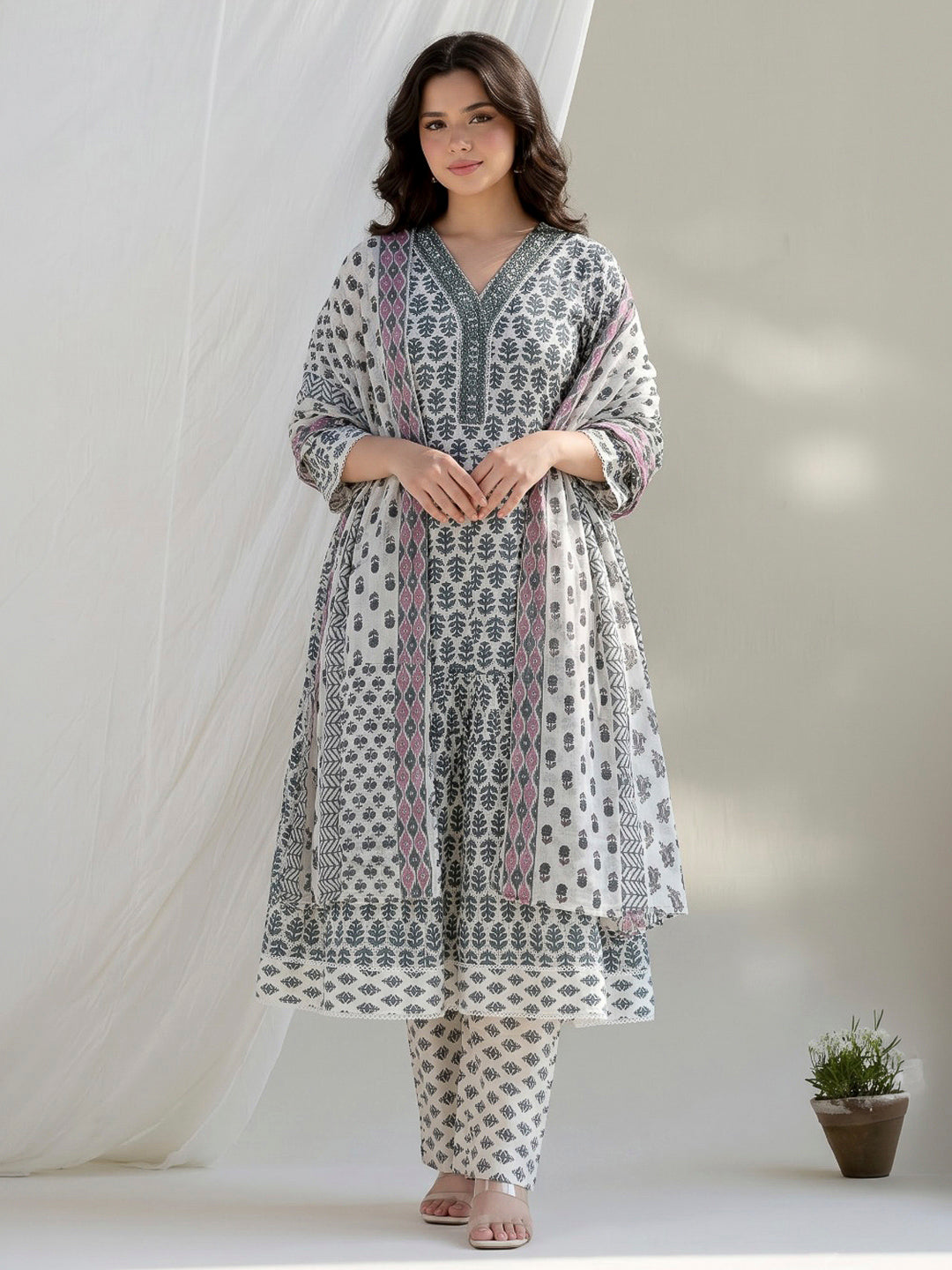Black Printed Cotton Blend Kurta With Pant &amp; Dupatta