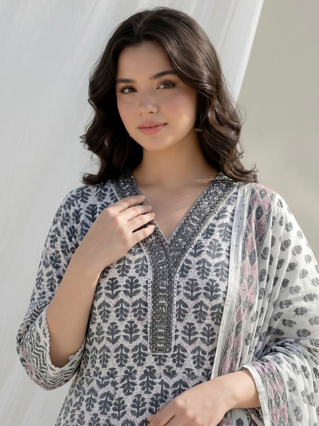 Black Printed Cotton Blend Kurta With Pant &amp; Dupatta