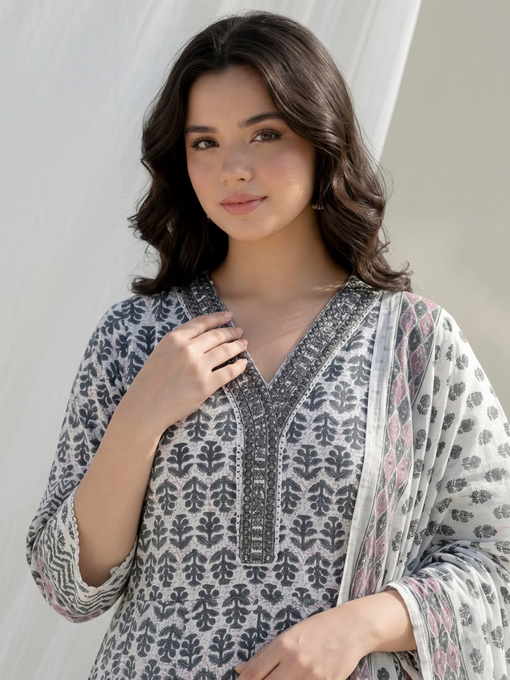 Black Printed Cotton Blend Kurta With Pant &amp; Dupatta