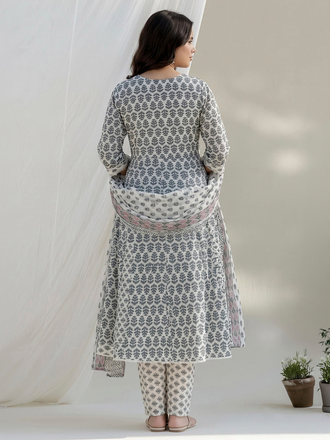 Black Printed Cotton Blend Kurta With Pant &amp; Dupatta
