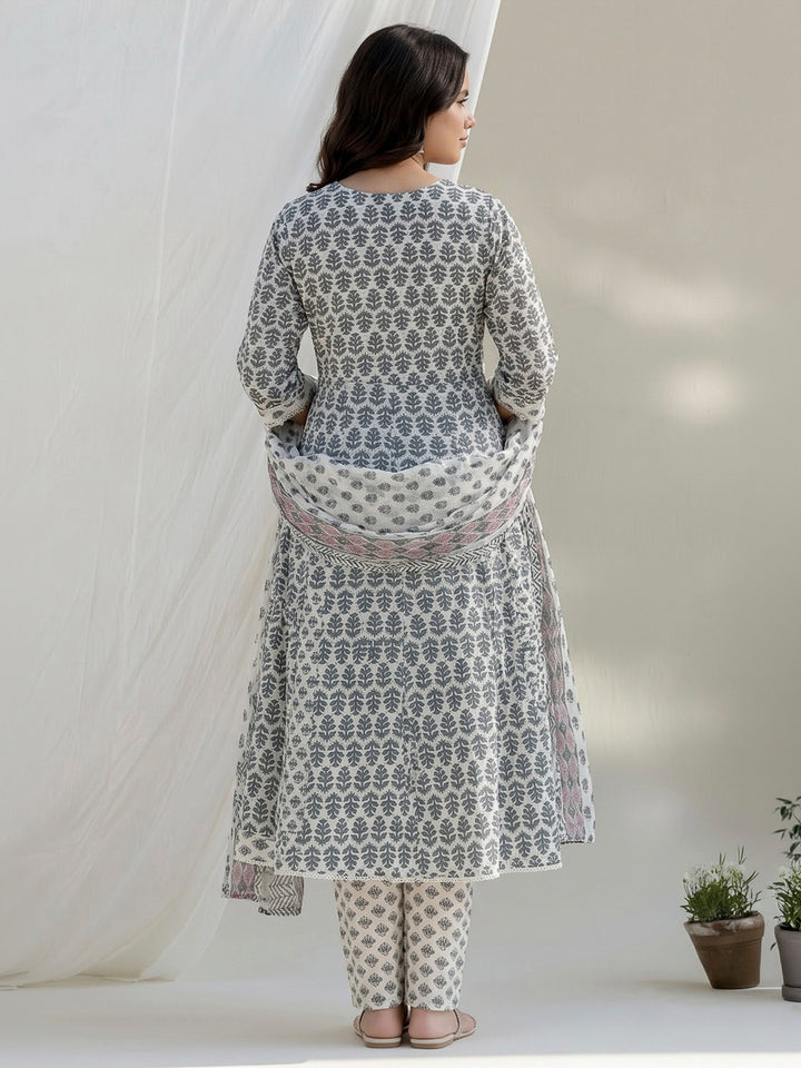 Black Printed Cotton Blend Kurta With Pant &amp; Dupatta
