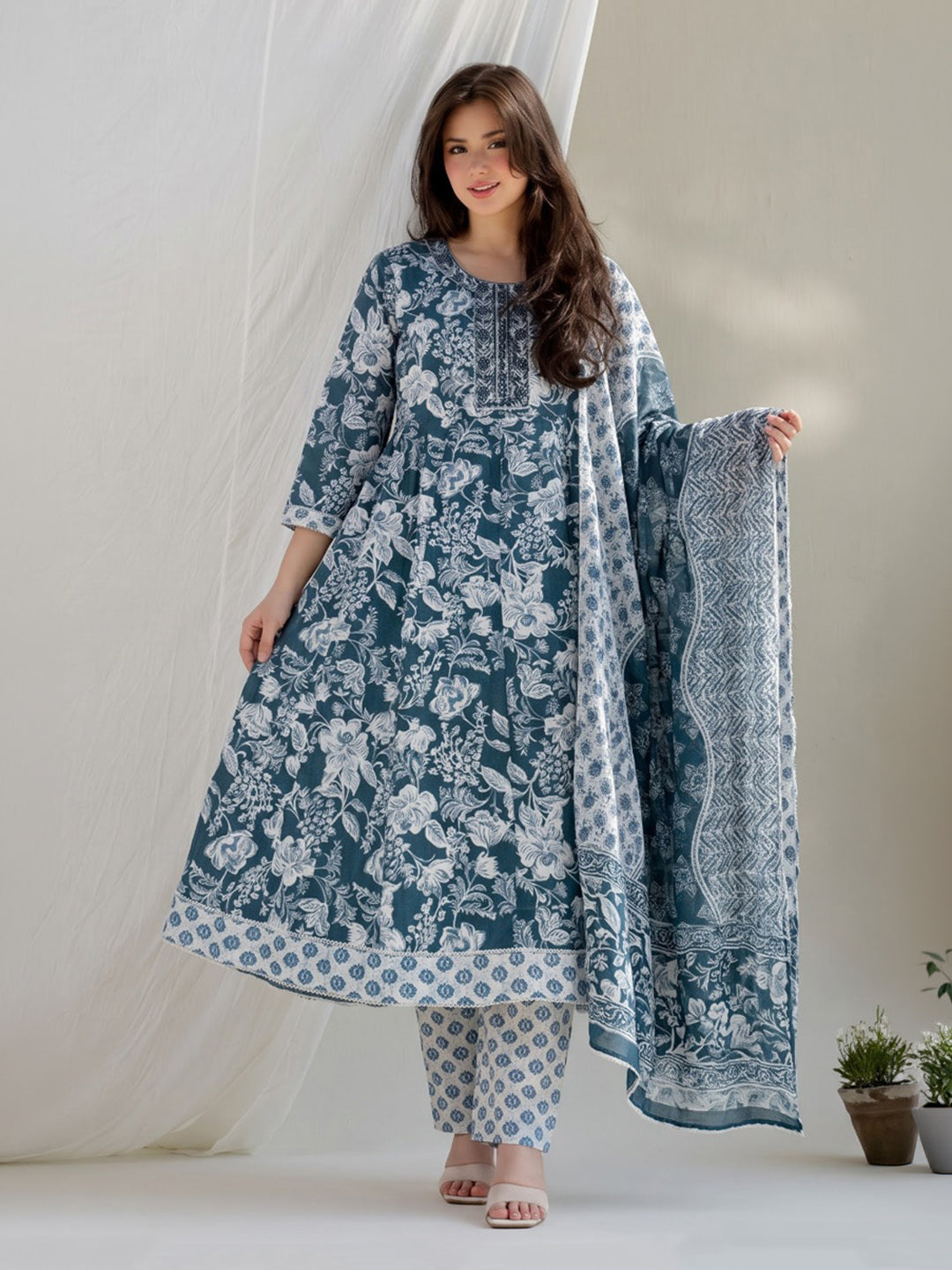 Blue Lt Printed Cotton Blend Kurta With Pant &amp; Dupatta