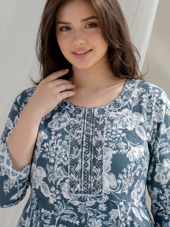 Blue Lt Printed Cotton Blend Kurta With Pant &amp; Dupatta