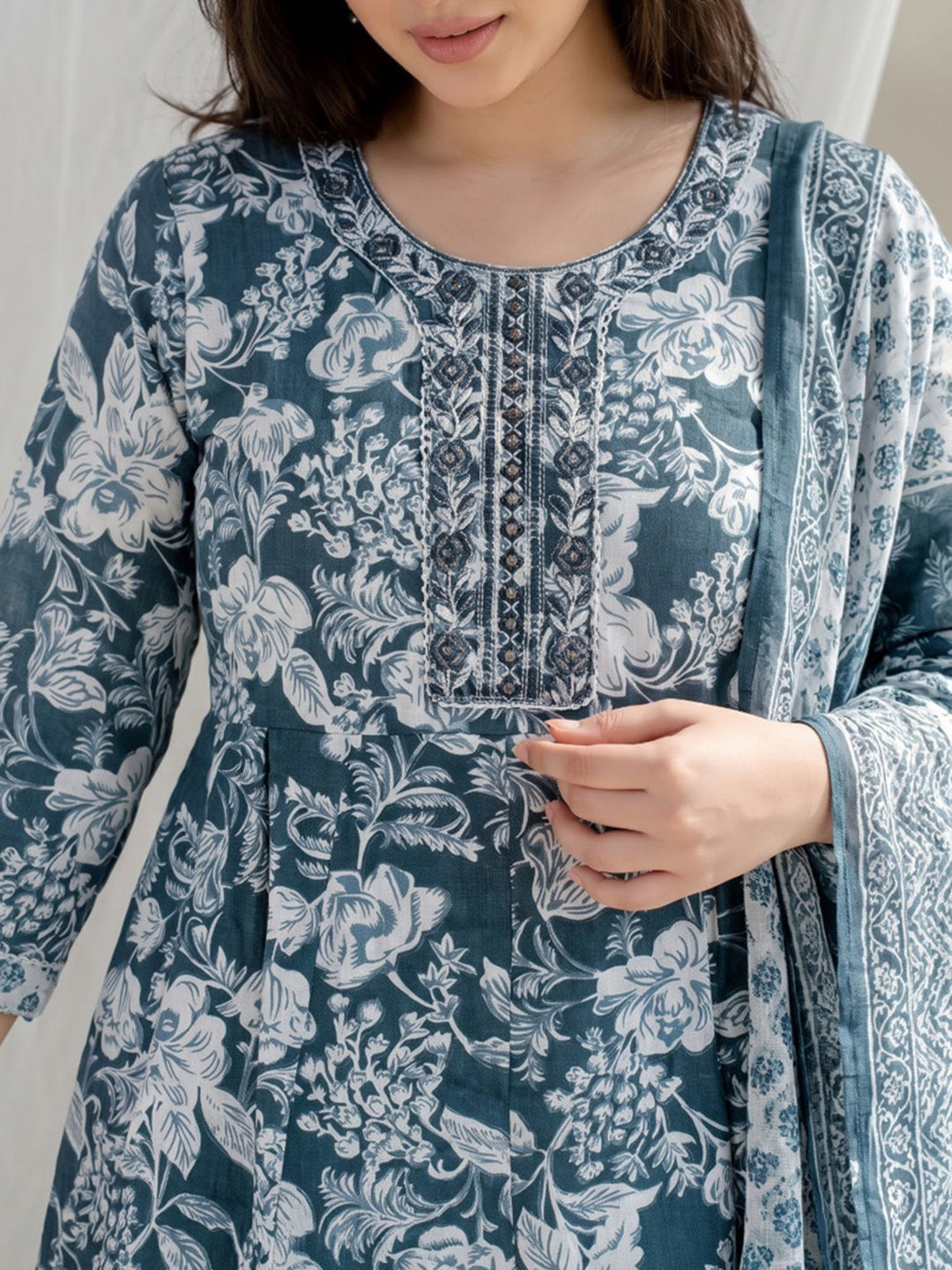 Blue Lt Printed Cotton Blend Kurta With Pant &amp; Dupatta