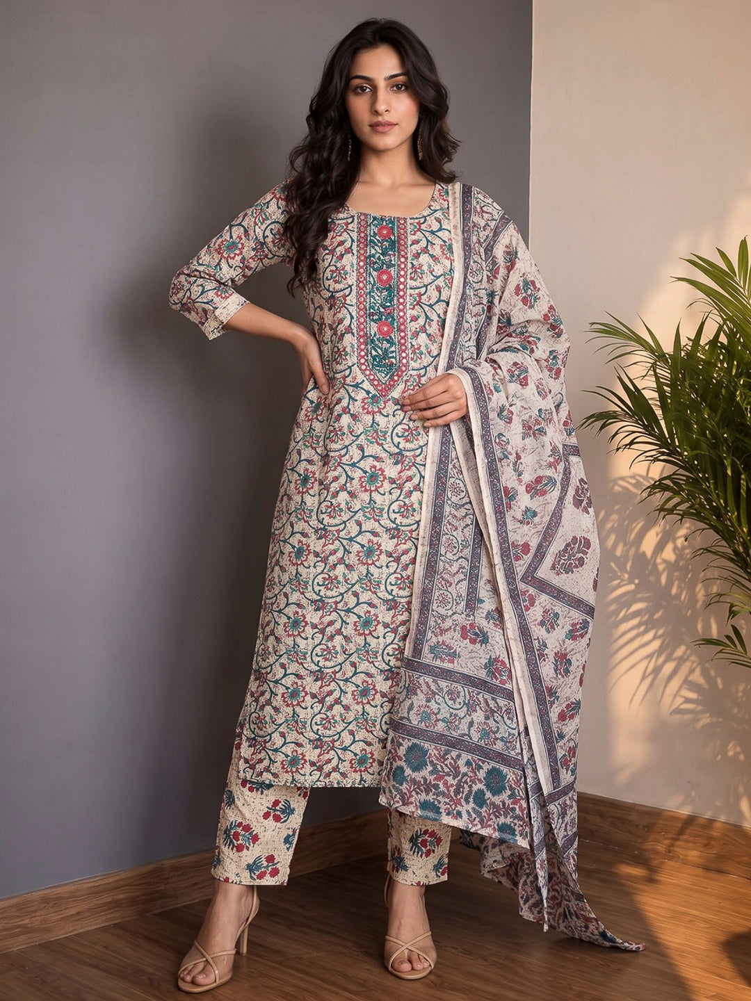 White Printed Cotton Blend Kurta With Pant &amp; Dupatta
