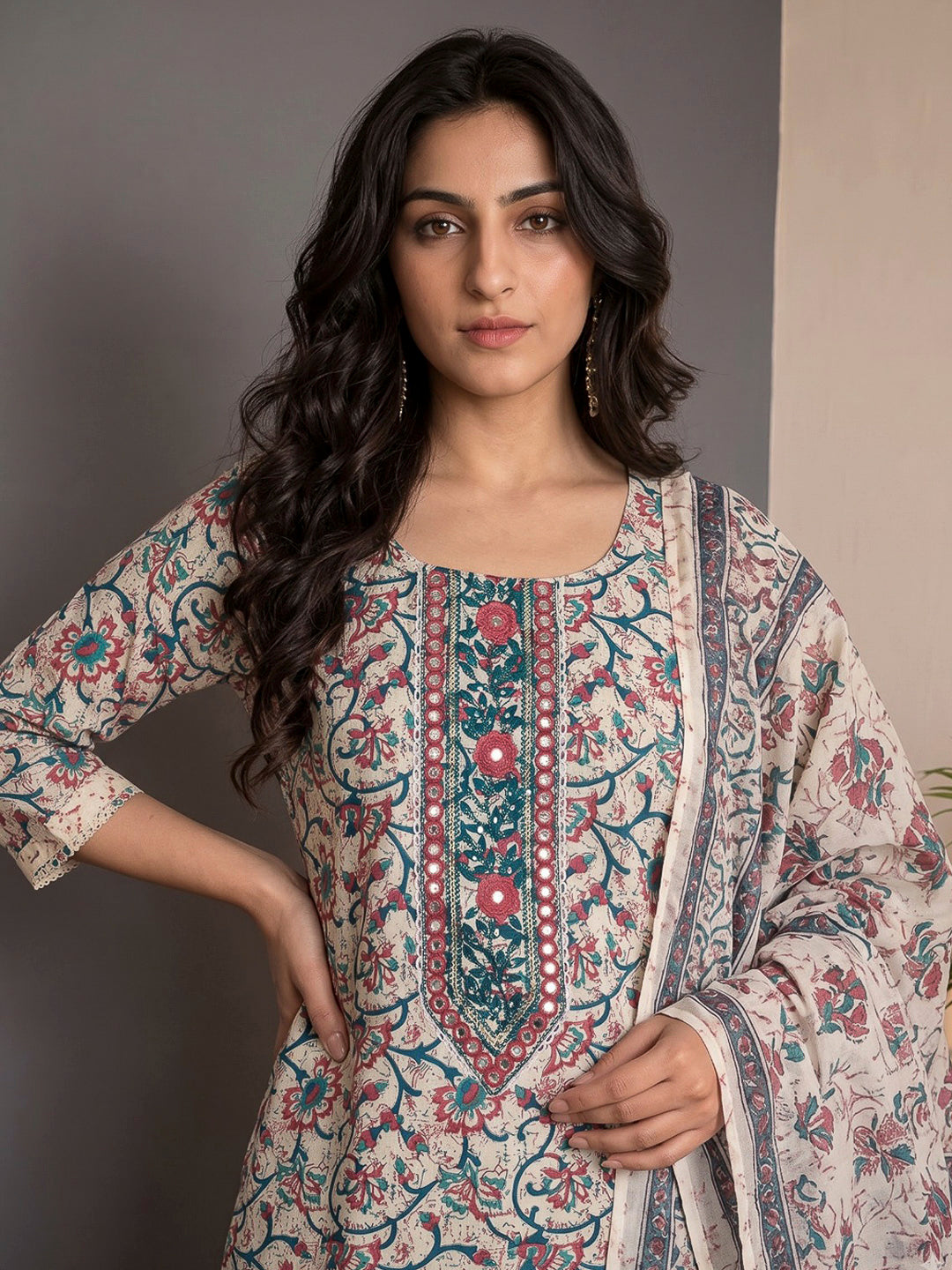 White Printed Cotton Blend Kurta With Pant &amp; Dupatta