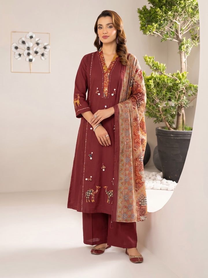 Maroon Printed Cotton Blend Kurta With Pant &amp; Dupatta
