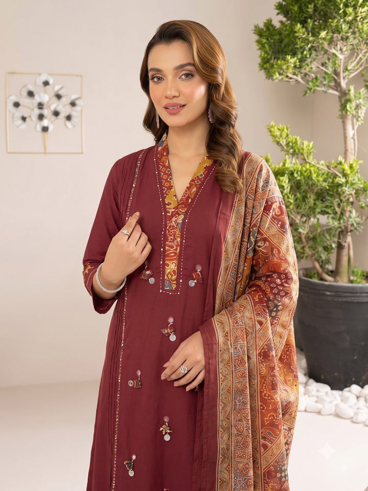 Maroon Printed Cotton Blend Kurta With Pant &amp; Dupatta