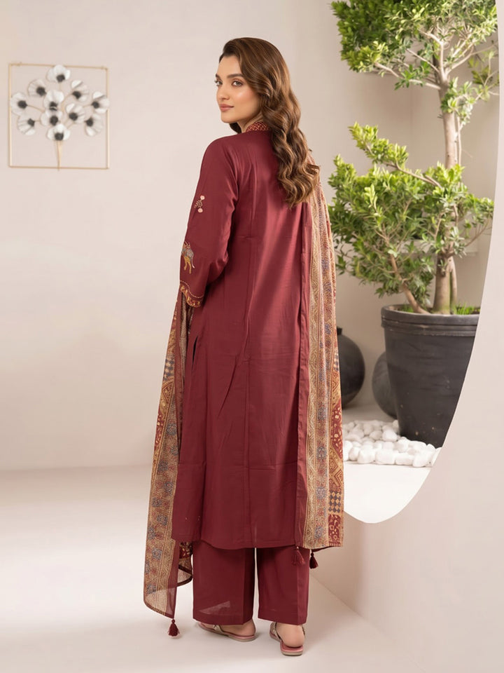 Maroon Printed Cotton Blend Kurta With Pant &amp; Dupatta