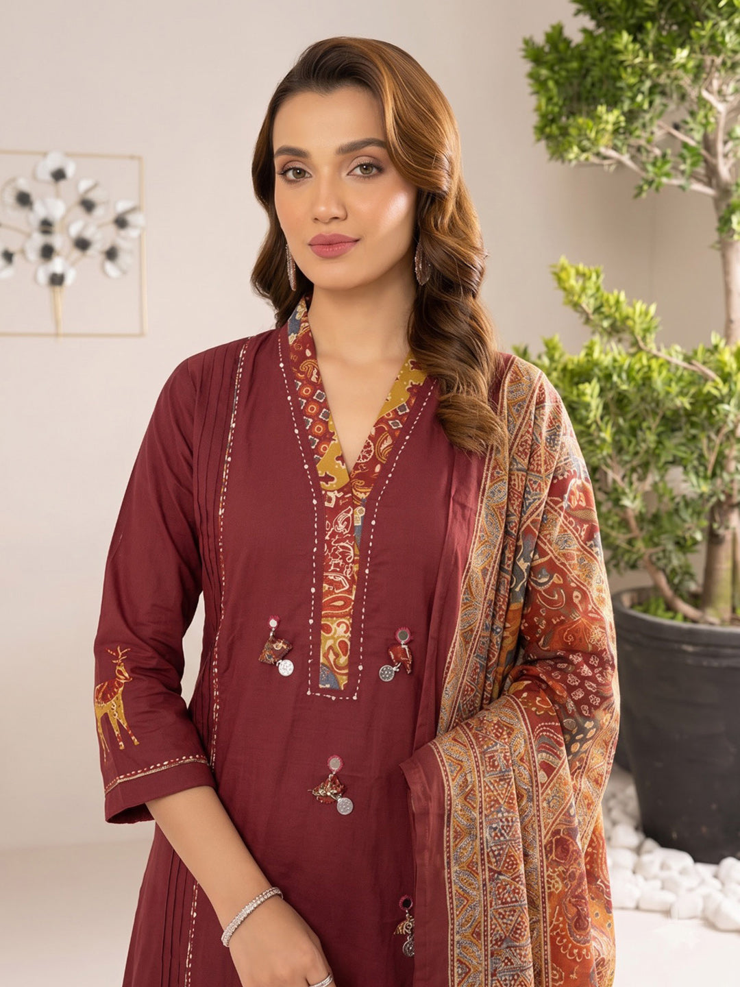 Maroon Printed Cotton Blend Kurta With Pant &amp; Dupatta