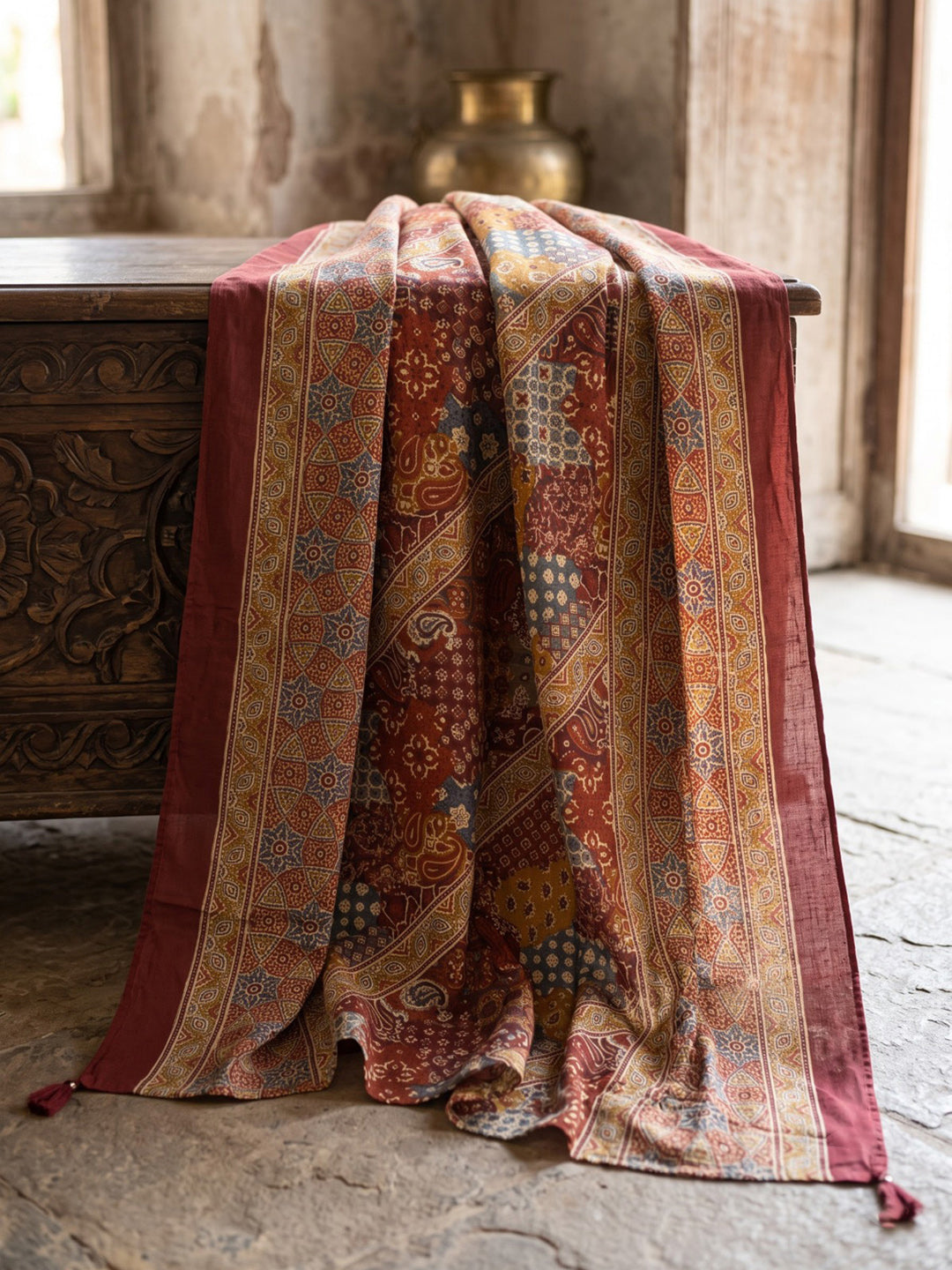 Maroon Printed Cotton Blend Kurta With Pant &amp; Dupatta