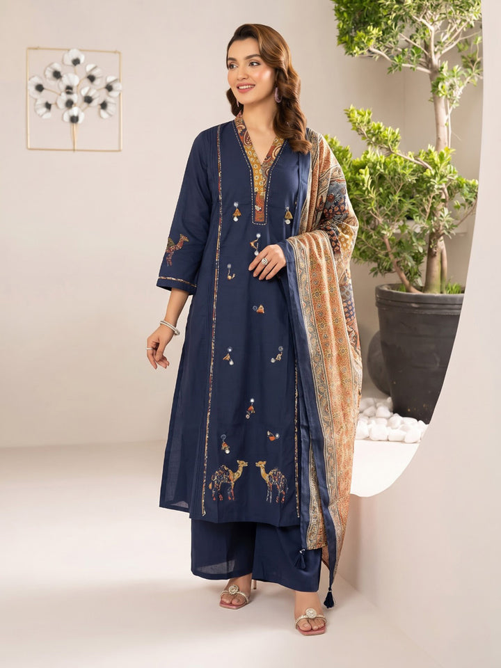 Navy Blue Printed Cotton Blend Kurta With Pant &amp; Dupatta