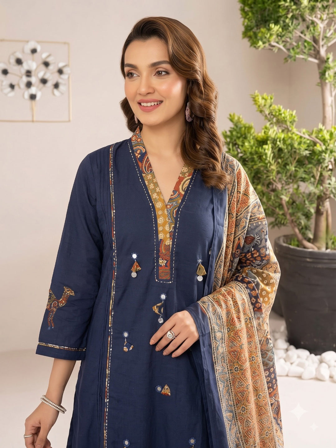 Navy Blue Printed Cotton Blend Kurta With Pant &amp; Dupatta