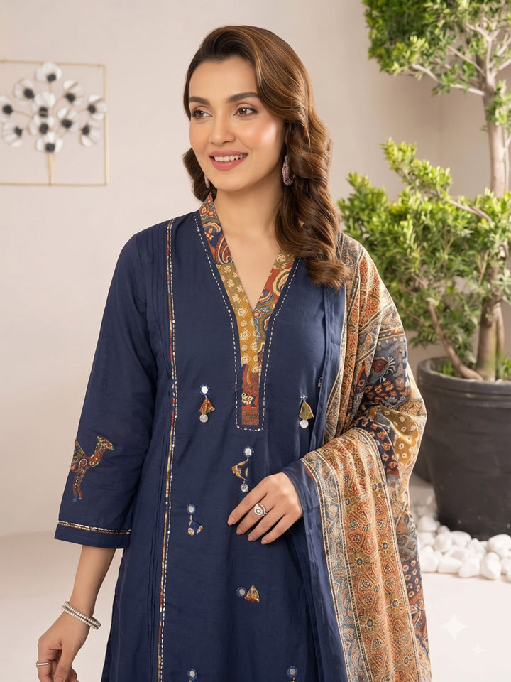 Navy Blue Printed Cotton Blend Kurta With Pant &amp; Dupatta