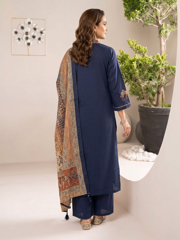 Navy Blue Printed Cotton Blend Kurta With Pant &amp; Dupatta