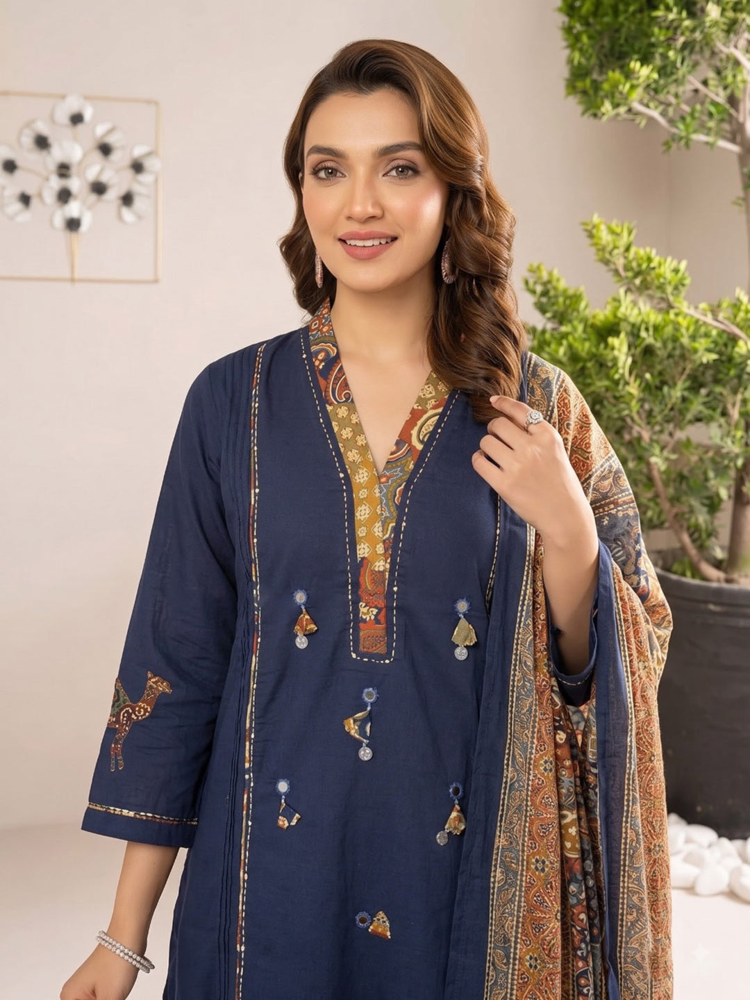Navy Blue Printed Cotton Blend Kurta With Pant &amp; Dupatta