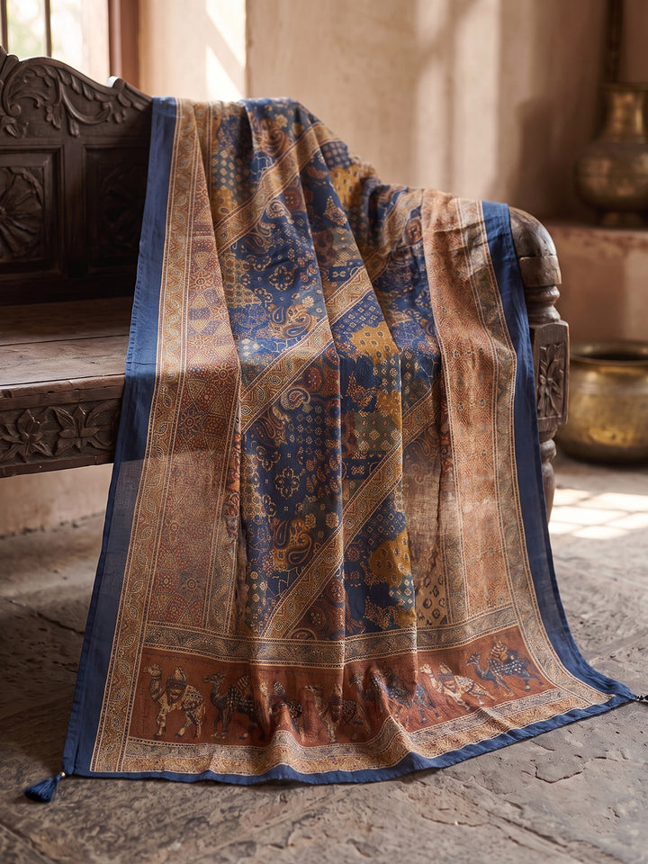 Navy Blue Printed Cotton Blend Kurta With Pant &amp; Dupatta
