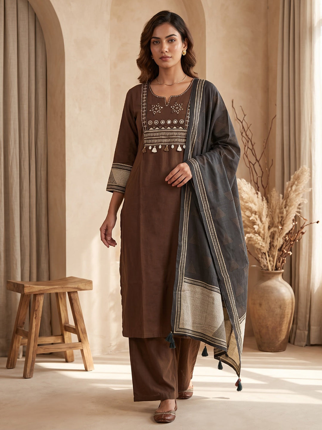 Brown Printed Cotton Blend Kurta With Pant &amp; Dupatta