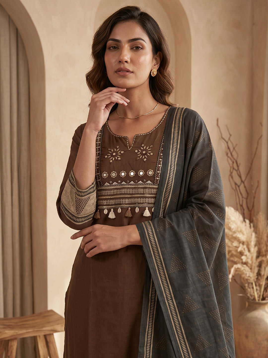 Brown Printed Cotton Blend Kurta With Pant &amp; Dupatta