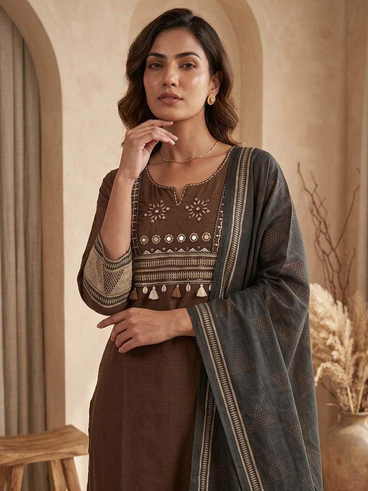 Brown Printed Cotton Blend Kurta With Pant &amp; Dupatta