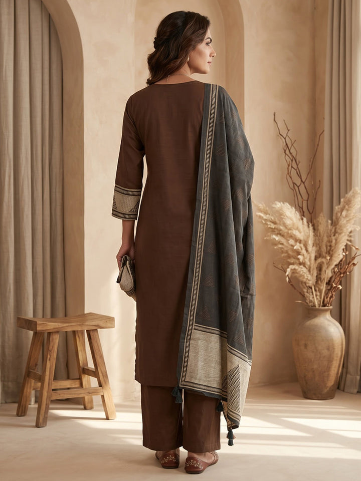 Brown Printed Cotton Blend Kurta With Pant &amp; Dupatta