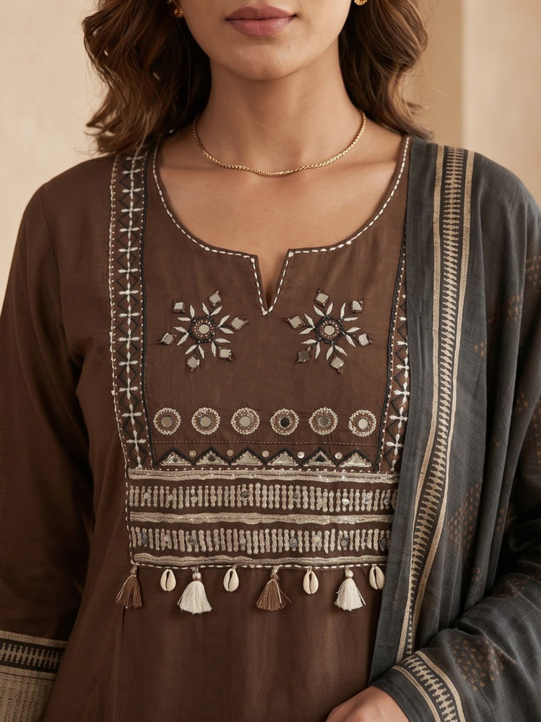 Brown Printed Cotton Blend Kurta With Pant &amp; Dupatta