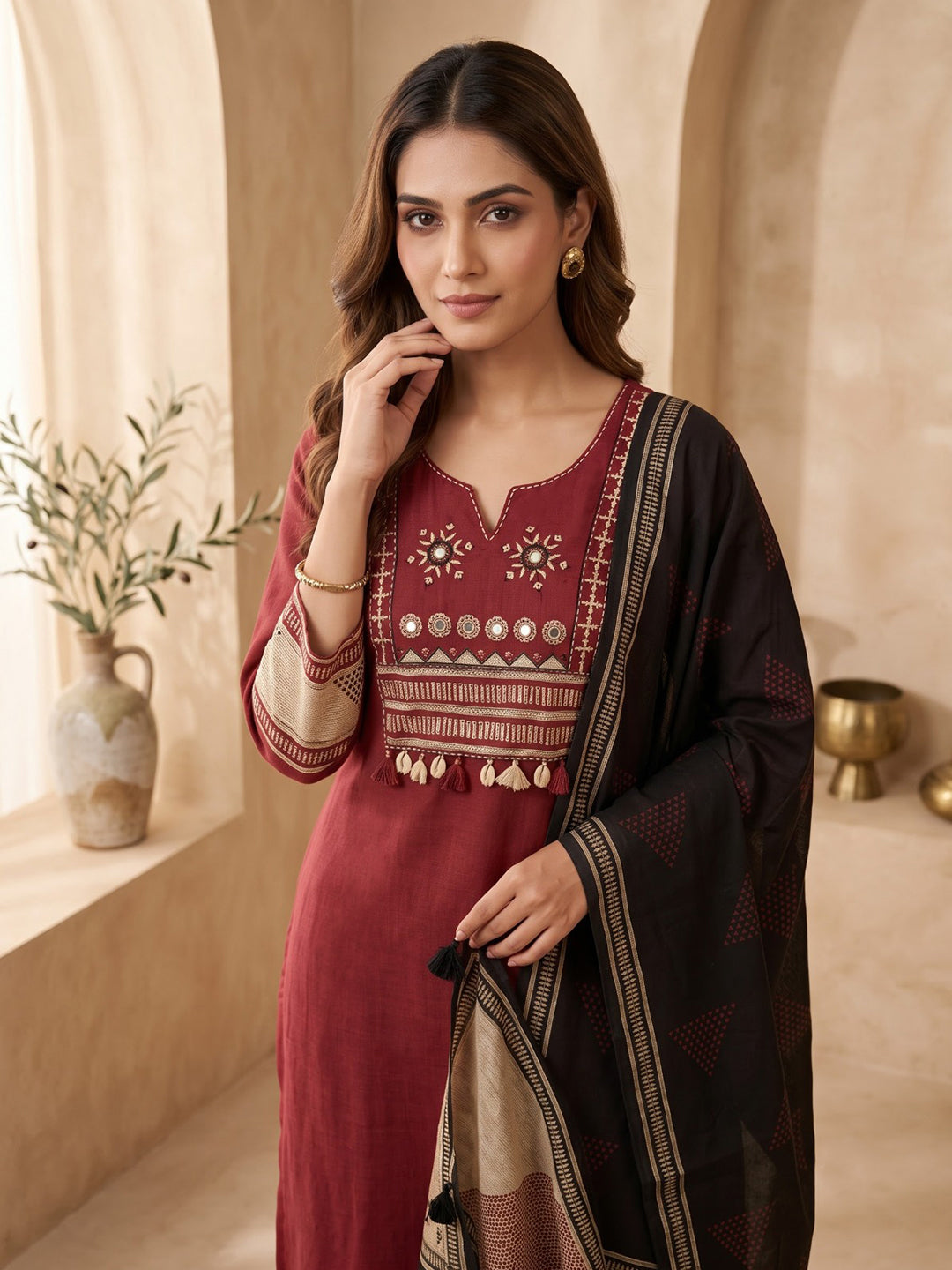 Maroon Printed Cotton Blend Kurta With Pant &amp; Dupatta