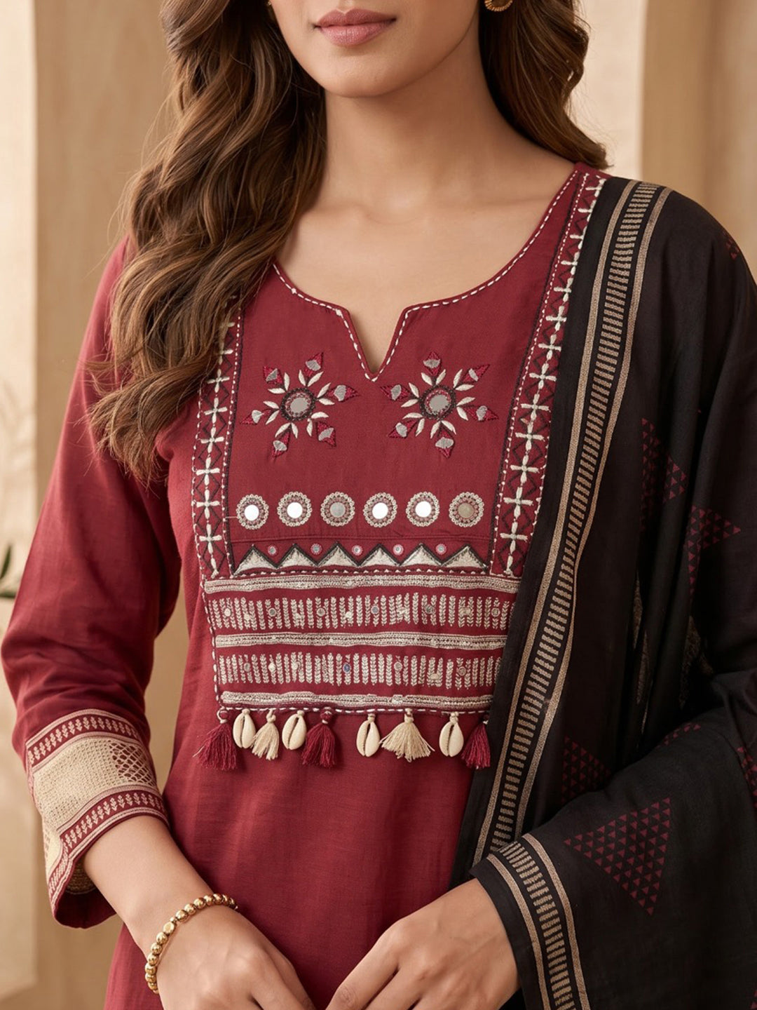 Maroon Printed Cotton Blend Kurta With Pant &amp; Dupatta