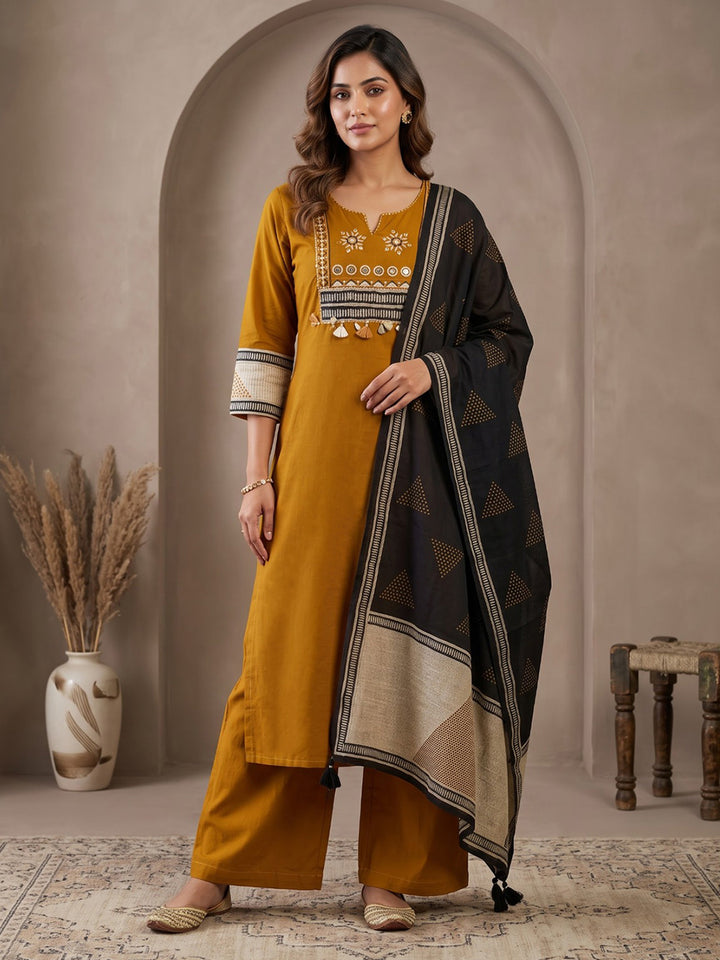 Mustard Printed Cotton Blend Kurta With Pant &amp; Dupatta