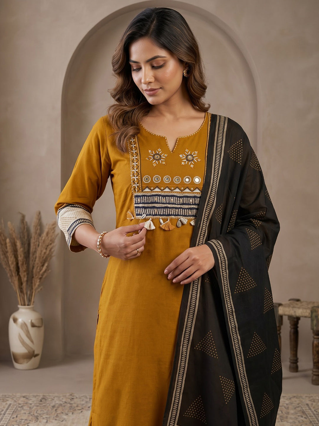 Mustard Printed Cotton Blend Kurta With Pant &amp; Dupatta