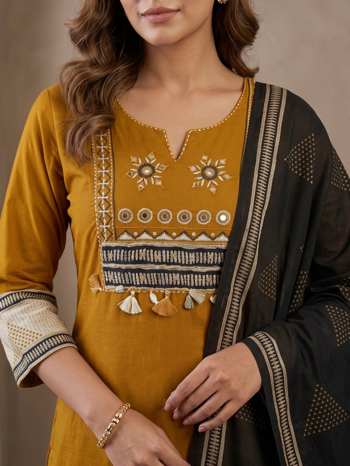 Mustard Printed Cotton Blend Kurta With Pant &amp; Dupatta