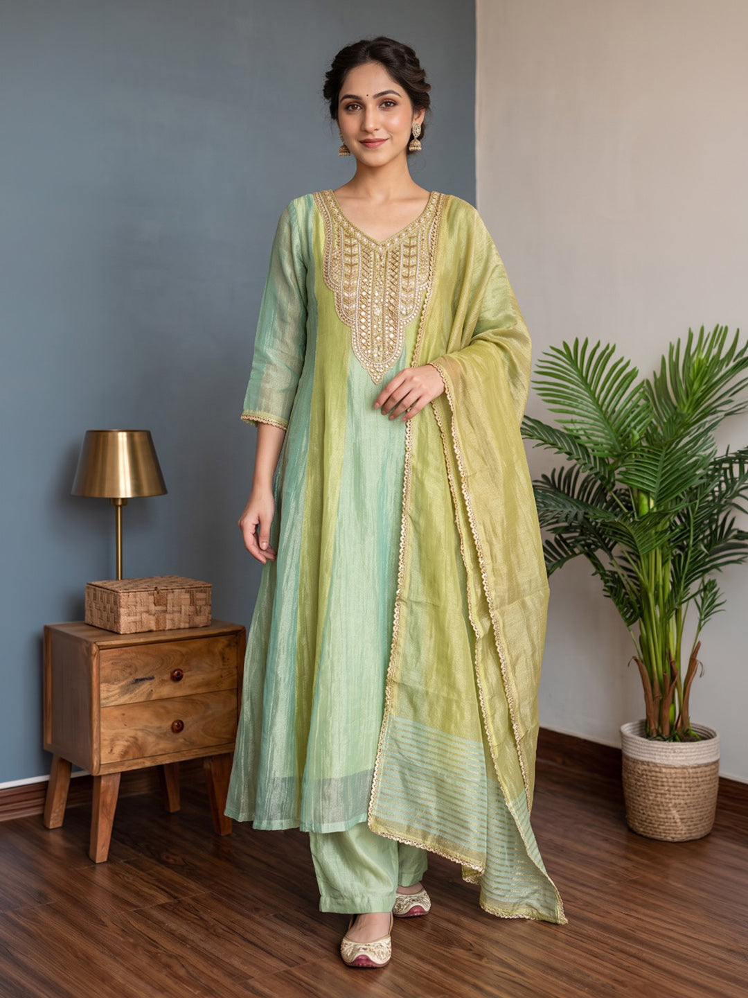 Green Embroidered Tissue Kurta With Pant &amp; Dupatta