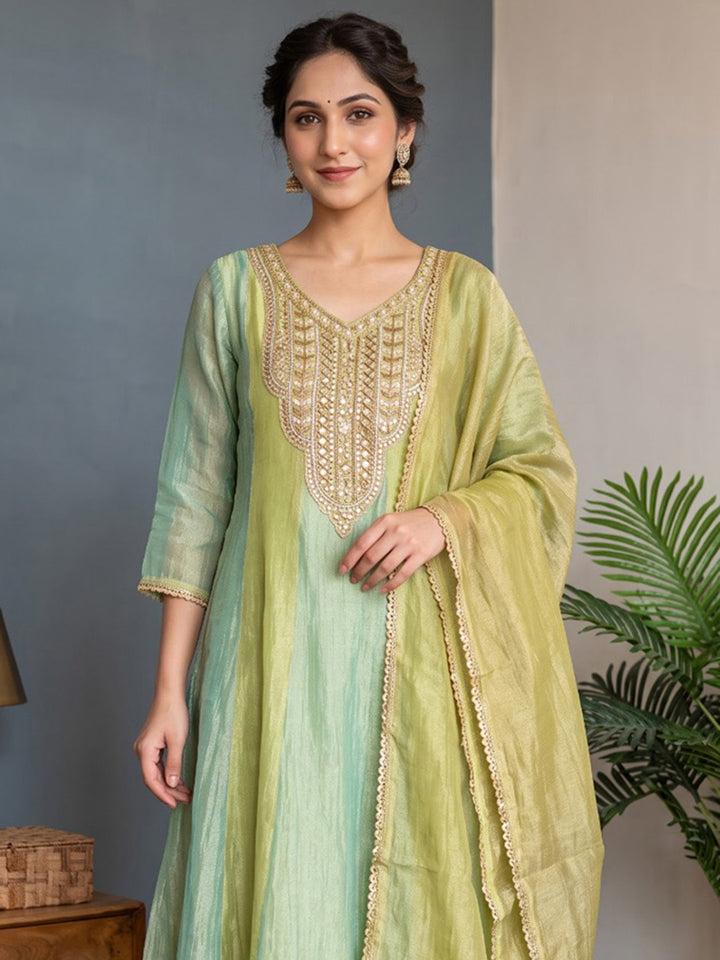 Green Embroidered Tissue Kurta With Pant &amp; Dupatta