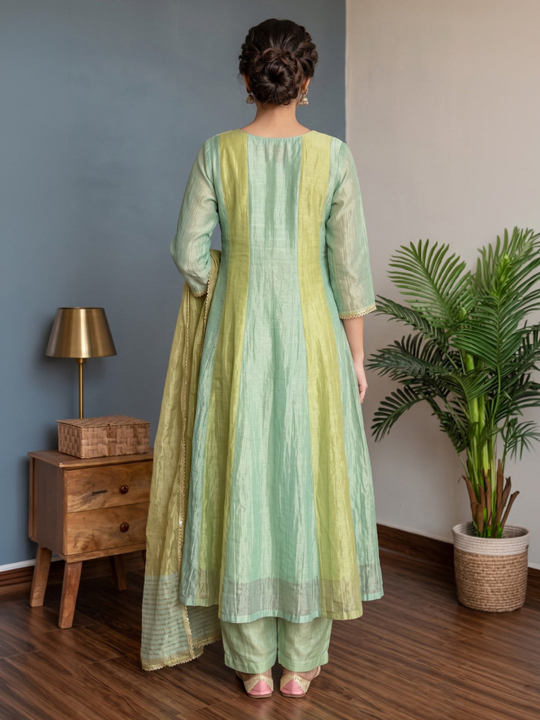 Green Embroidered Tissue Kurta With Pant &amp; Dupatta
