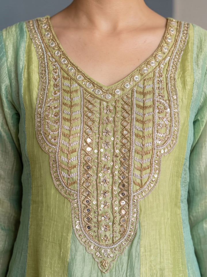 Green Embroidered Tissue Kurta With Pant &amp; Dupatta