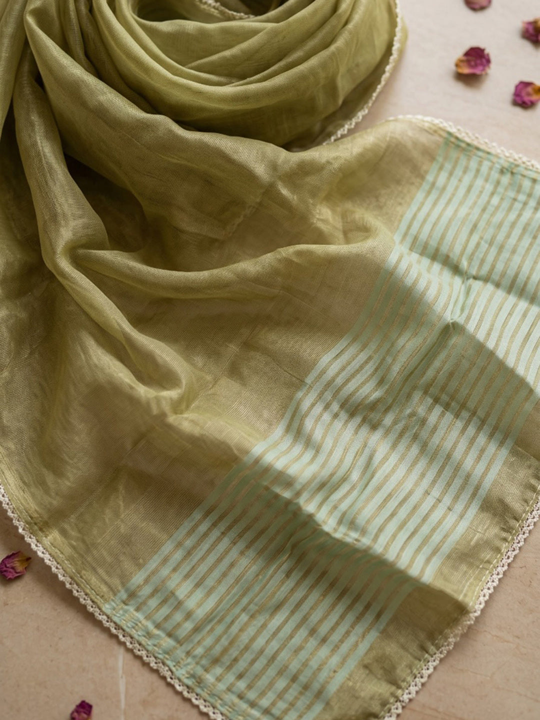 Green Embroidered Tissue Kurta With Pant &amp; Dupatta