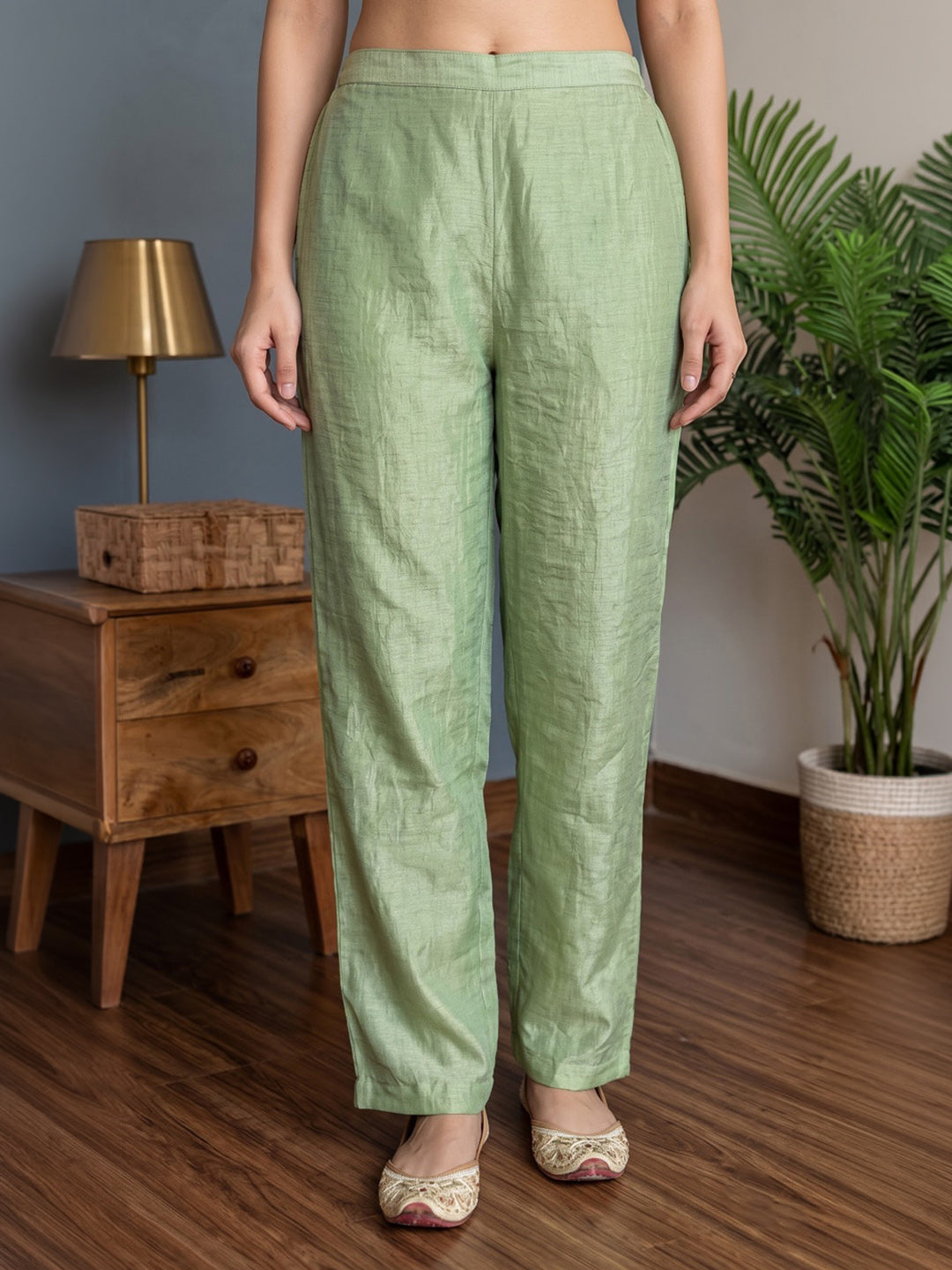 Green Embroidered Tissue Kurta With Pant &amp; Dupatta