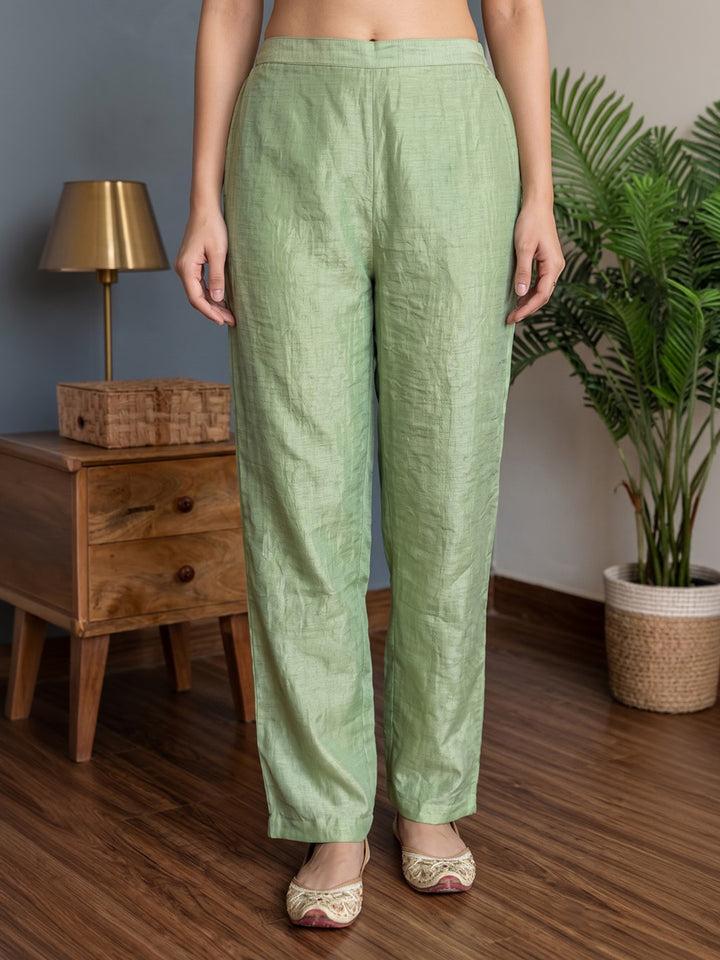 Green Embroidered Tissue Kurta With Pant &amp; Dupatta